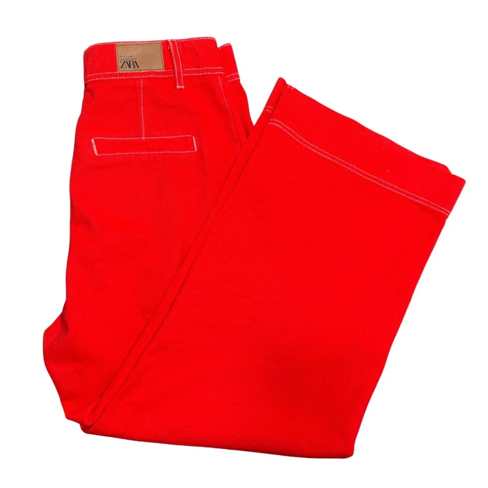 Zara Red Cropped Wide Leg Pants High Waisted Statement Trousers‎ Women's Size S - Picture 4 of 16